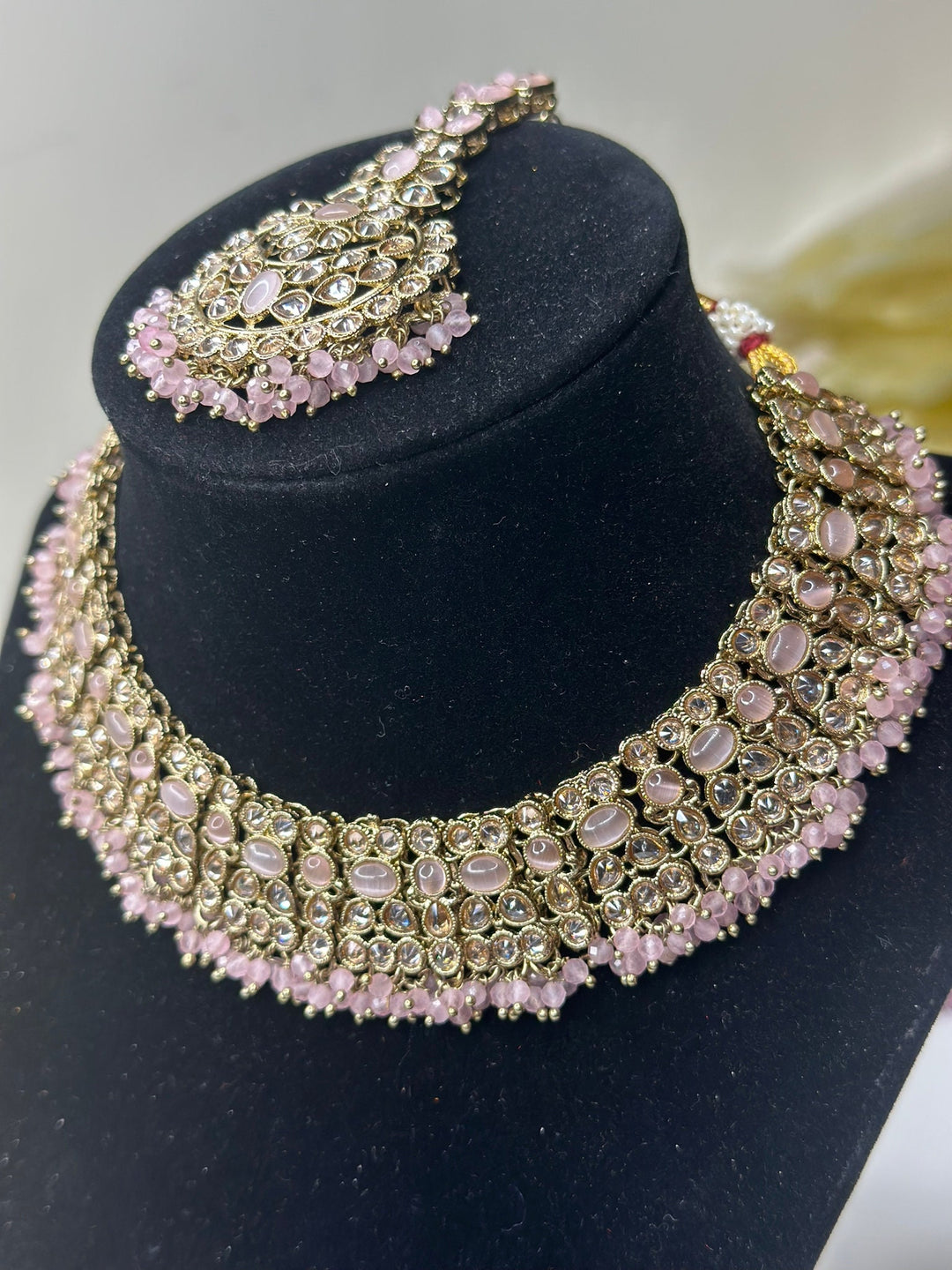 Izhaar Indian Polki Reverse AD B. Pink Color Necklace with Earrings Tikka / Wedding Jewelry/ Traditional Jewelry/Wedding set/Reverse AD.