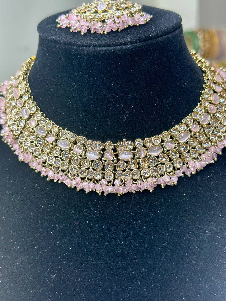 Izhaar Indian Polki Reverse AD B. Pink Color Necklace with Earrings Tikka / Wedding Jewelry/ Traditional Jewelry/Wedding set/Reverse AD.