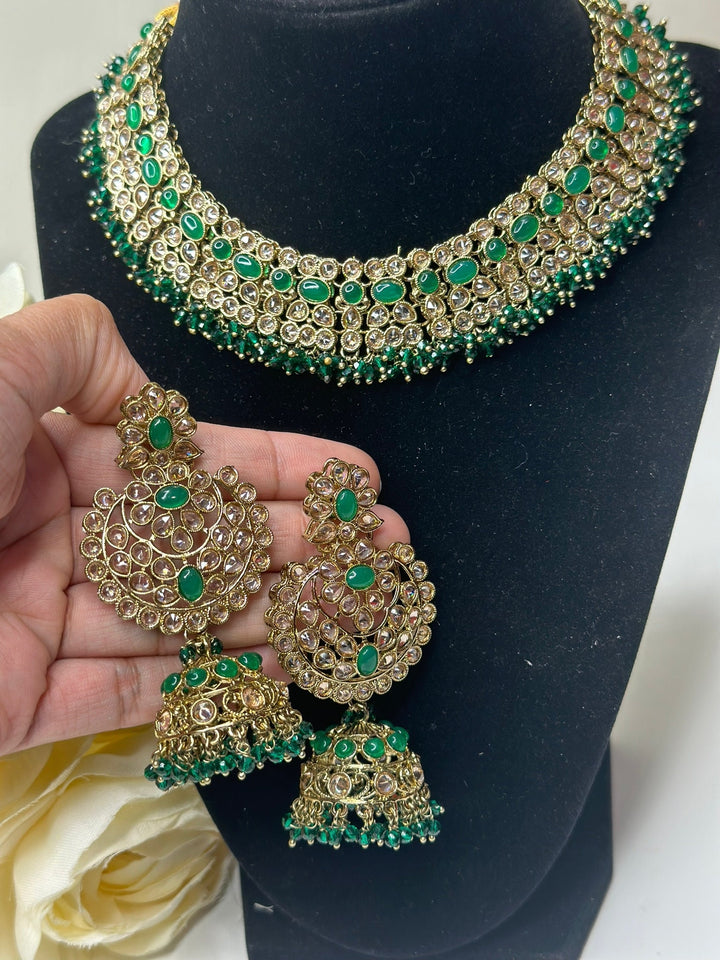 Izhaar Indian Polki Reverse AD Green Color Necklace with Earrings Tikka / Wedding Jewelry/ Traditional Jewelry/Wedding set/Reverse AD.