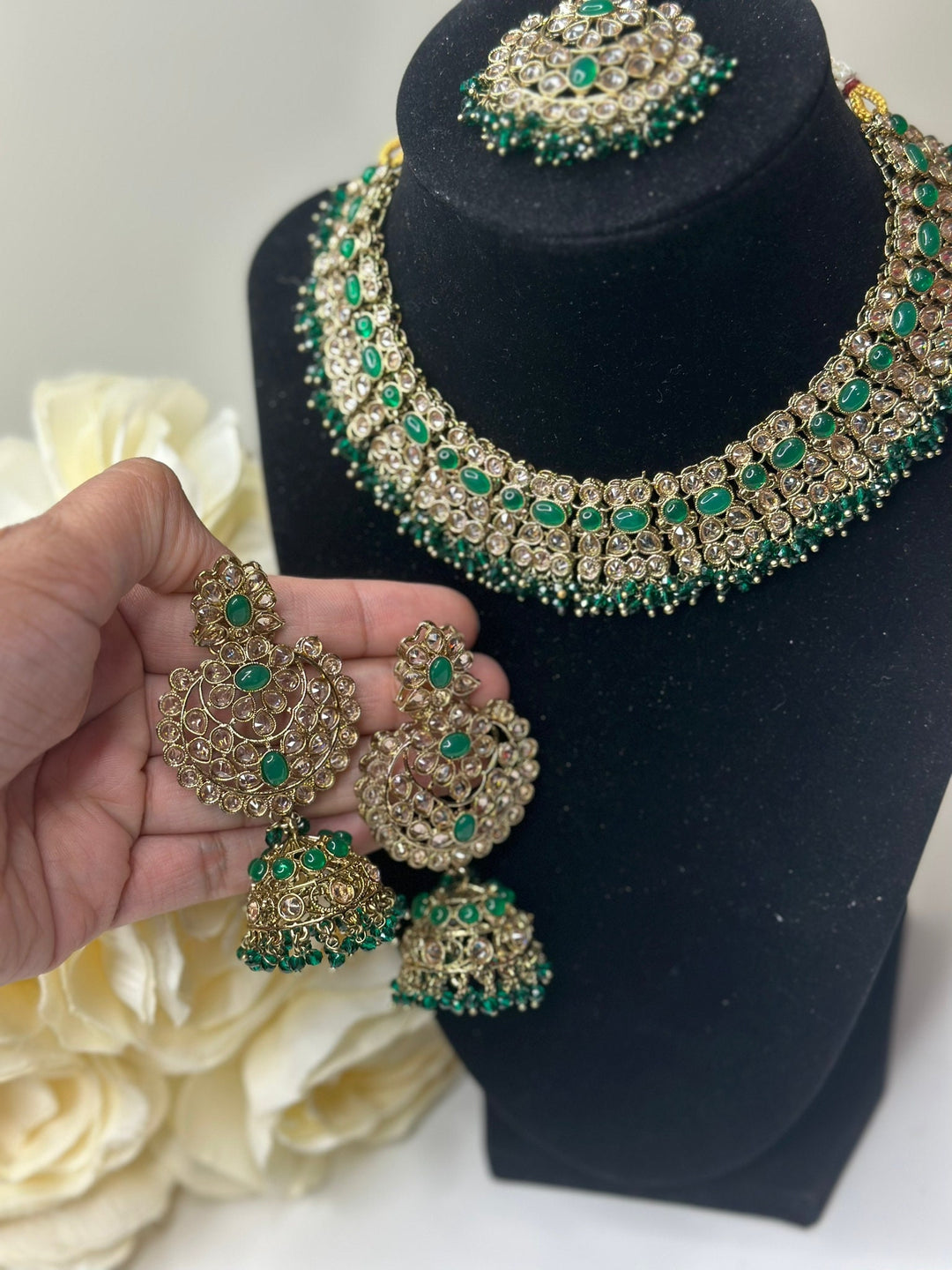 Izhaar Indian Polki Reverse AD Green Color Necklace with Earrings Tikka / Wedding Jewelry/ Traditional Jewelry/Wedding set/Reverse AD.