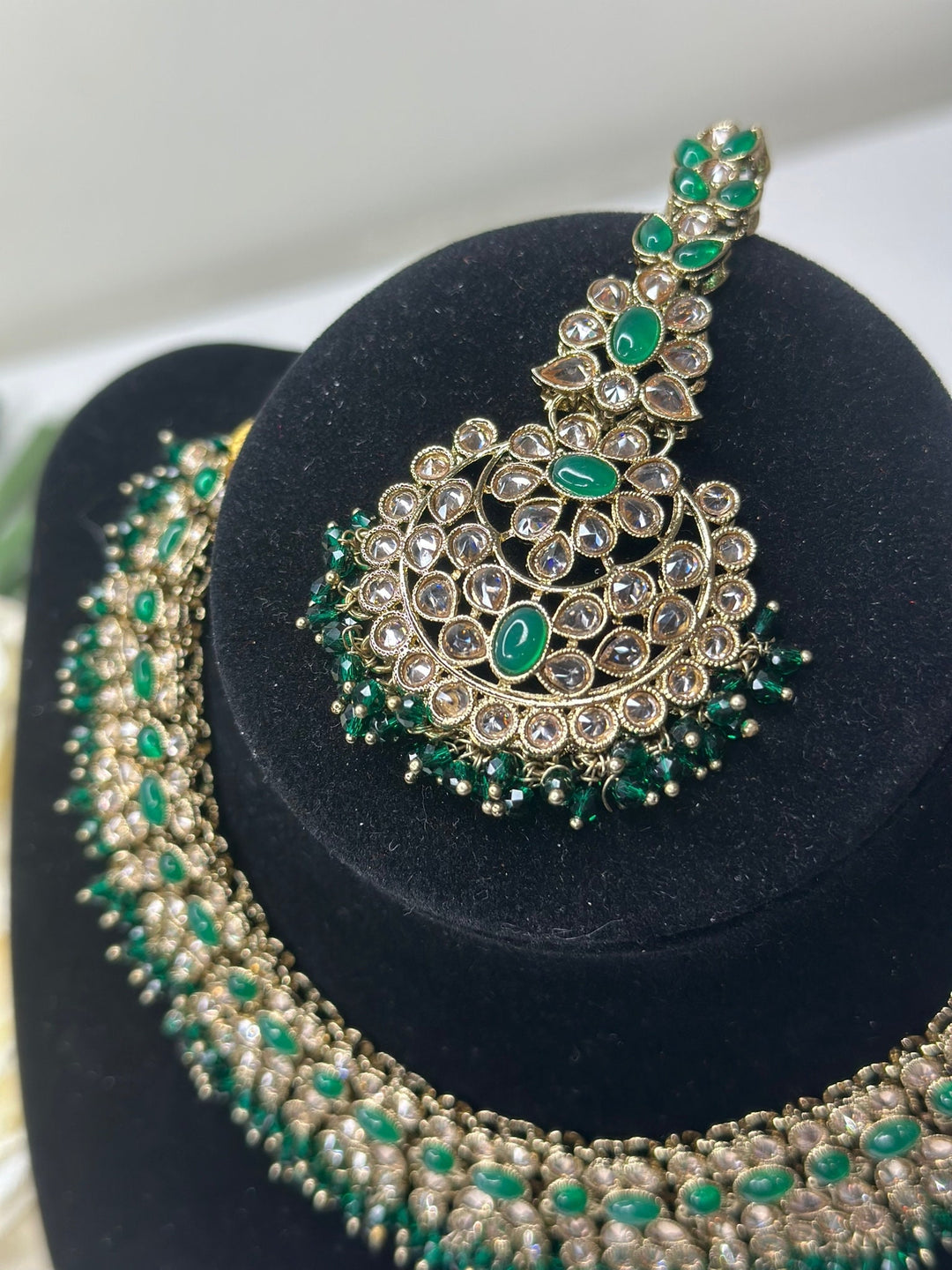 Izhaar Indian Polki Reverse AD Green Color Necklace with Earrings Tikka / Wedding Jewelry/ Traditional Jewelry/Wedding set/Reverse AD.