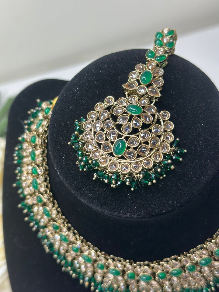 Izhaar Indian Polki Reverse AD Green Color Necklace with Earrings Tikka / Wedding Jewelry/ Traditional Jewelry/Wedding set/Reverse AD.