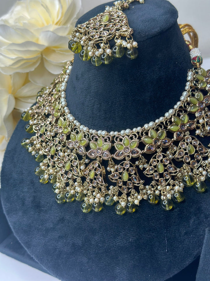 Izhaar Indian Mehendi Color Polki Reverse AD Necklace with Earrings Tikka/ Wedding Jewelry/ Traditional Jewelry/Wedding/Reverse AD.