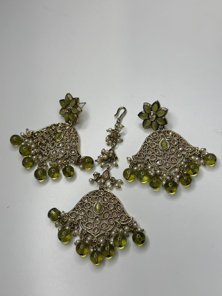 Izhaar Indian Mehendi Color Polki Reverse AD Necklace with Earrings Tikka/ Wedding Jewelry/ Traditional Jewelry/Wedding/Reverse AD.