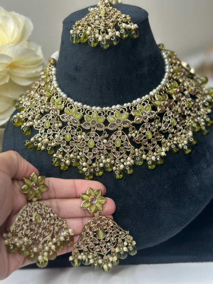 Izhaar Indian Mehendi Color Polki Reverse AD Necklace with Earrings Tikka/ Wedding Jewelry/ Traditional Jewelry/Wedding/Reverse AD.