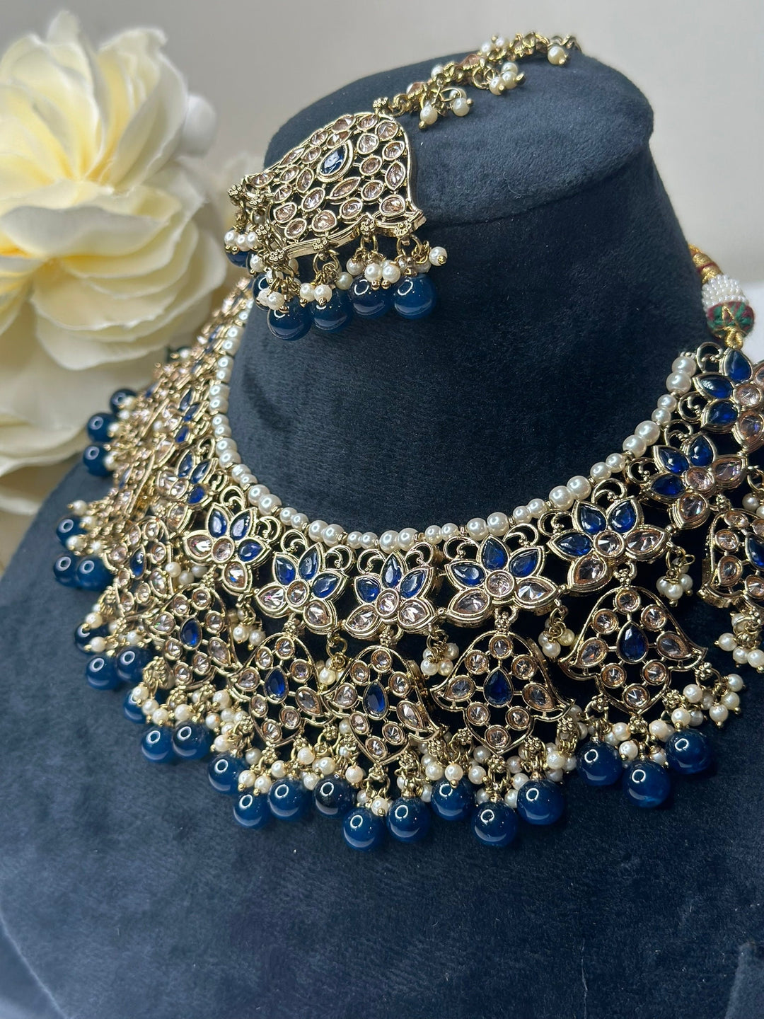 Izhaar Indian D. Blue Color Polki Reverse AD Necklace with Earrings Tikka/ Wedding Jewelry/ Traditional Jewelry/Wedding/Reverse AD.