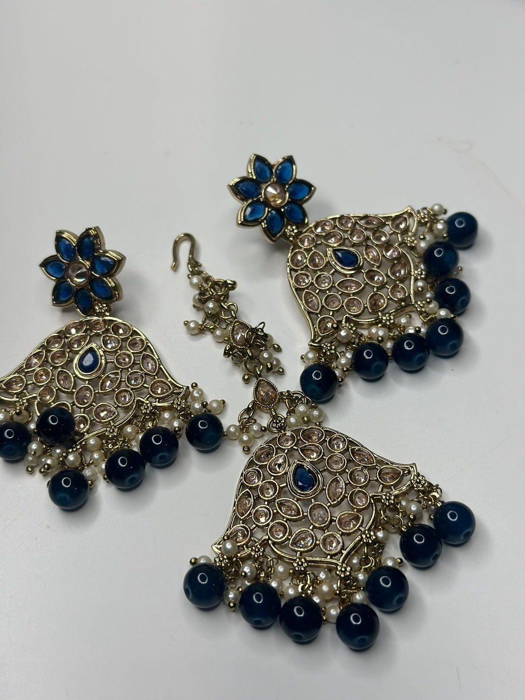 Izhaar Indian D. Blue Color Polki Reverse AD Necklace with Earrings Tikka/ Wedding Jewelry/ Traditional Jewelry/Wedding/Reverse AD.