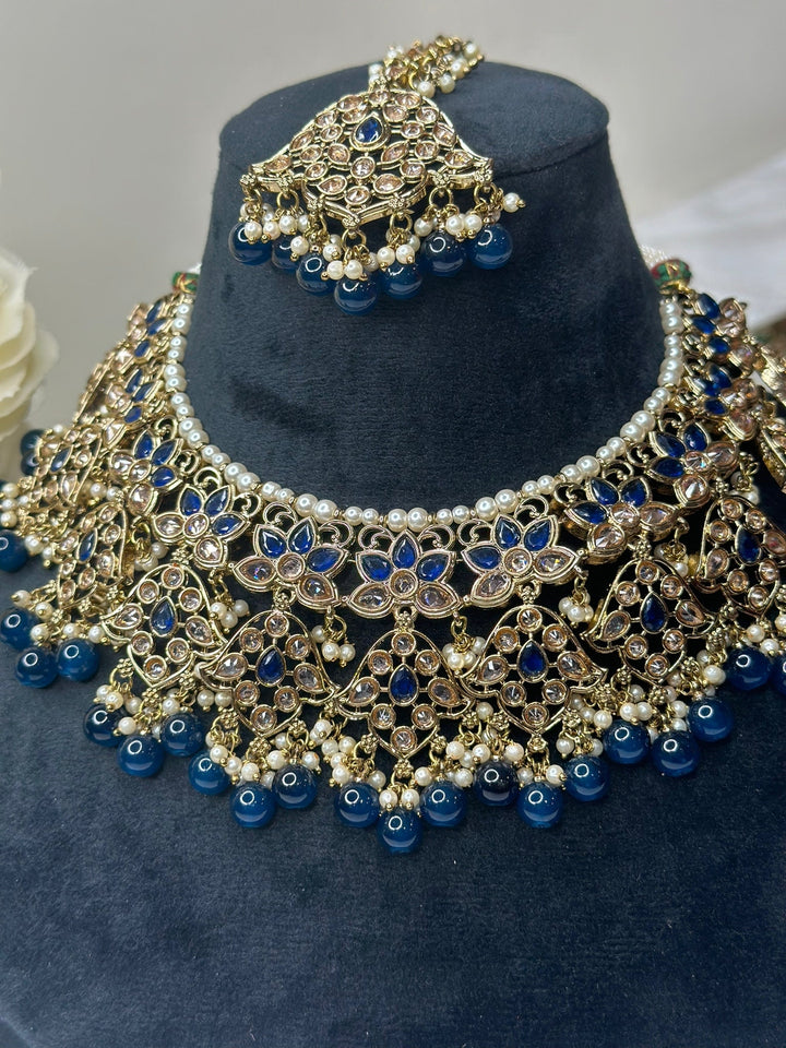 Izhaar Indian D. Blue Color Polki Reverse AD Necklace with Earrings Tikka/ Wedding Jewelry/ Traditional Jewelry/Wedding/Reverse AD.