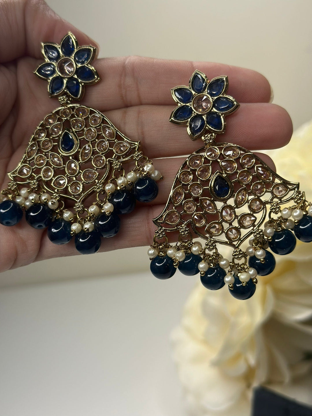 Izhaar Indian D. Blue Color Polki Reverse AD Necklace with Earrings Tikka/ Wedding Jewelry/ Traditional Jewelry/Wedding/Reverse AD.