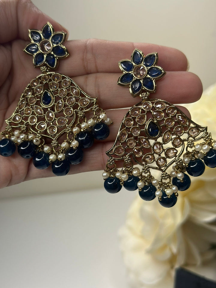 Izhaar Indian D. Blue Color Polki Reverse AD Necklace with Earrings Tikka/ Wedding Jewelry/ Traditional Jewelry/Wedding/Reverse AD.