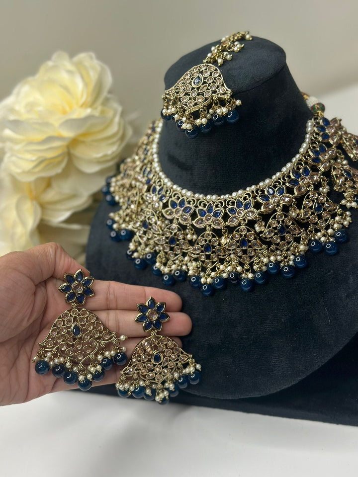 Izhaar Indian D. Blue Color Polki Reverse AD Necklace with Earrings Tikka/ Wedding Jewelry/ Traditional Jewelry/Wedding/Reverse AD.