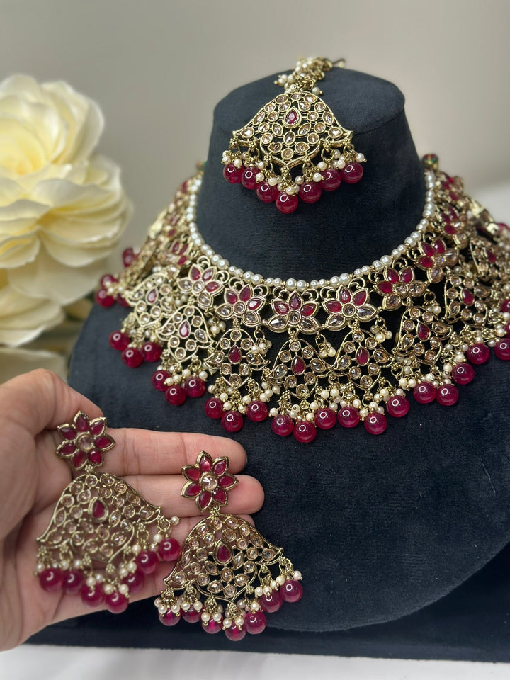 Izhaar Indian Pink Color Polki Reverse AD Necklace with Earrings Tikka/ Wedding Jewelry/ Traditional Jewelry/Wedding/Reverse AD.