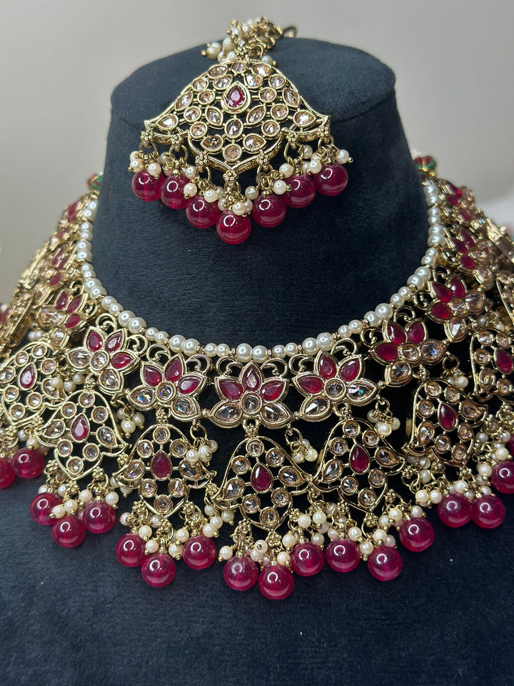 Izhaar Indian Pink Color Polki Reverse AD Necklace with Earrings Tikka/ Wedding Jewelry/ Traditional Jewelry/Wedding/Reverse AD.