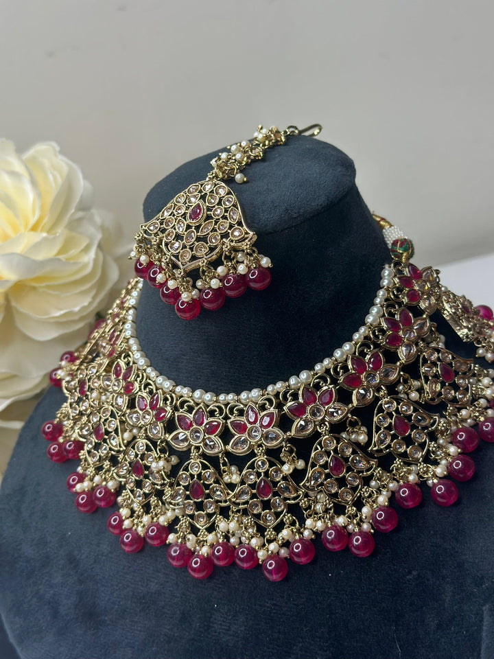 Izhaar Indian Pink Color Polki Reverse AD Necklace with Earrings Tikka/ Wedding Jewelry/ Traditional Jewelry/Wedding/Reverse AD.