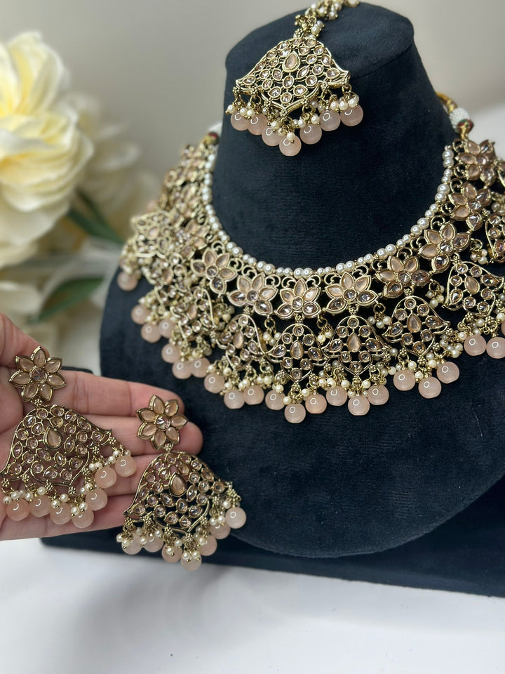 Izhaar Indian Peach Color Polki Reverse AD Necklace with Earrings Tikka/ Wedding Jewelry/ Traditional Jewelry/Wedding/Reverse AD.
