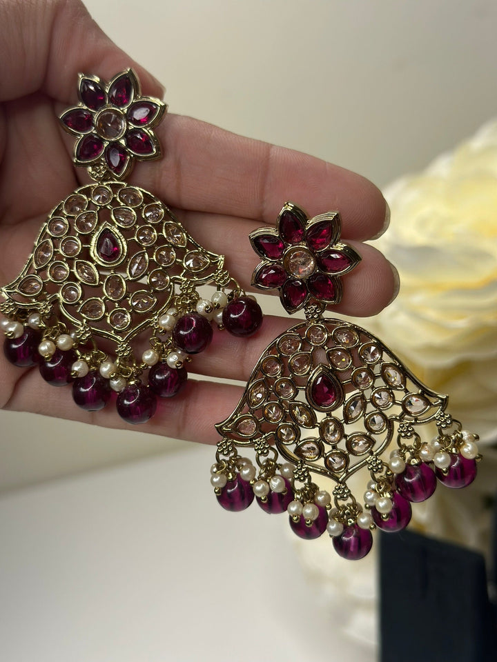 Izhaar Indian D. Purple Color Polki Reverse AD Necklace with Earrings Tikka/ Wedding Jewelry/ Traditional Jewelry/Wedding/Reverse AD.