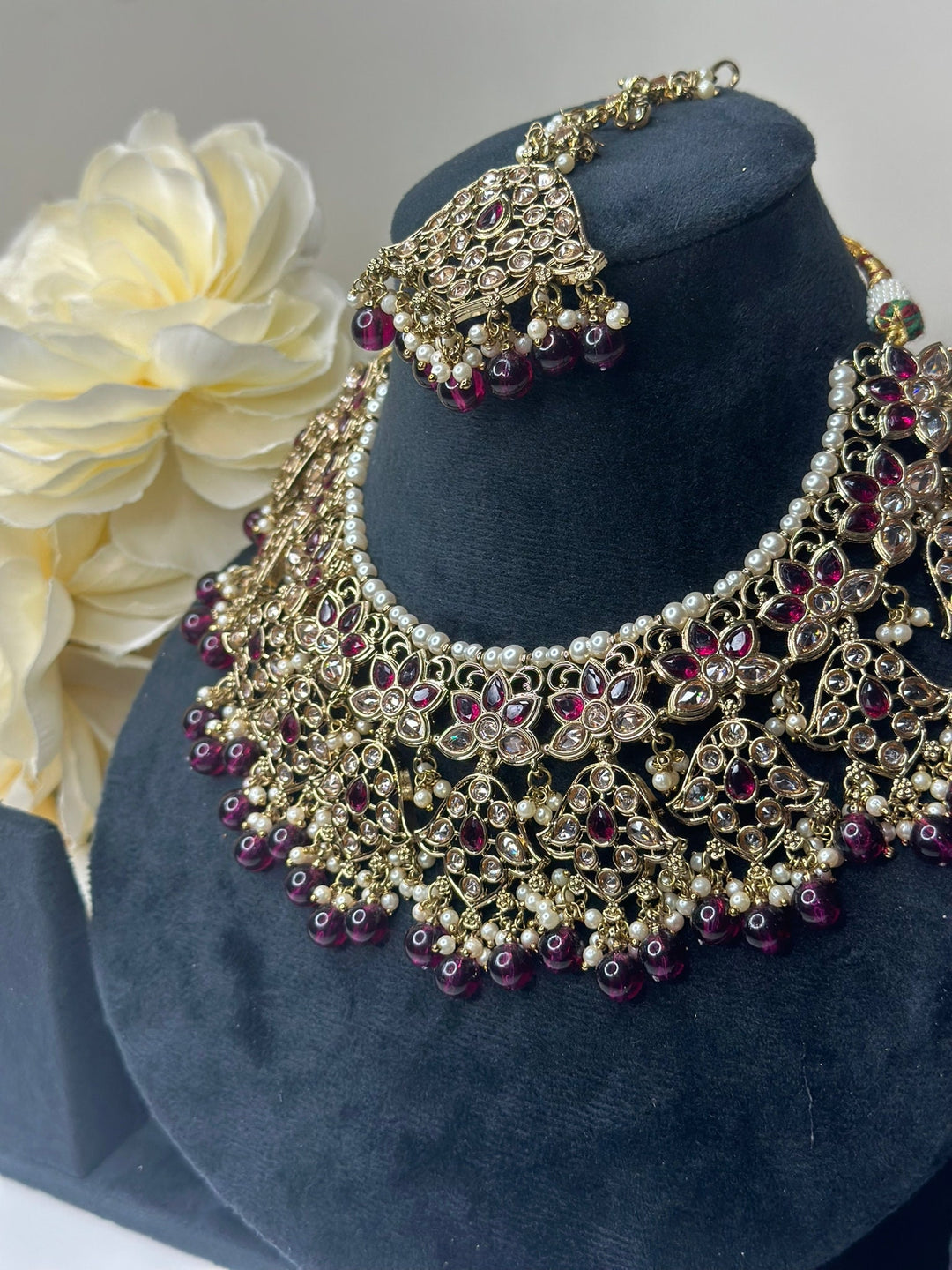 Izhaar Indian D. Purple Color Polki Reverse AD Necklace with Earrings Tikka/ Wedding Jewelry/ Traditional Jewelry/Wedding/Reverse AD.