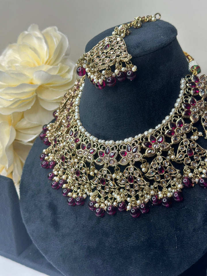 Izhaar Indian D. Purple Color Polki Reverse AD Necklace with Earrings Tikka/ Wedding Jewelry/ Traditional Jewelry/Wedding/Reverse AD.