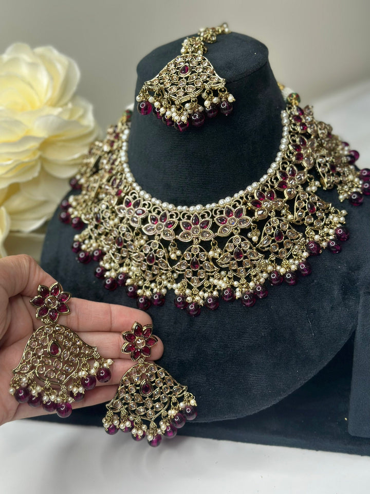 Izhaar Indian D. Purple Color Polki Reverse AD Necklace with Earrings Tikka/ Wedding Jewelry/ Traditional Jewelry/Wedding/Reverse AD.