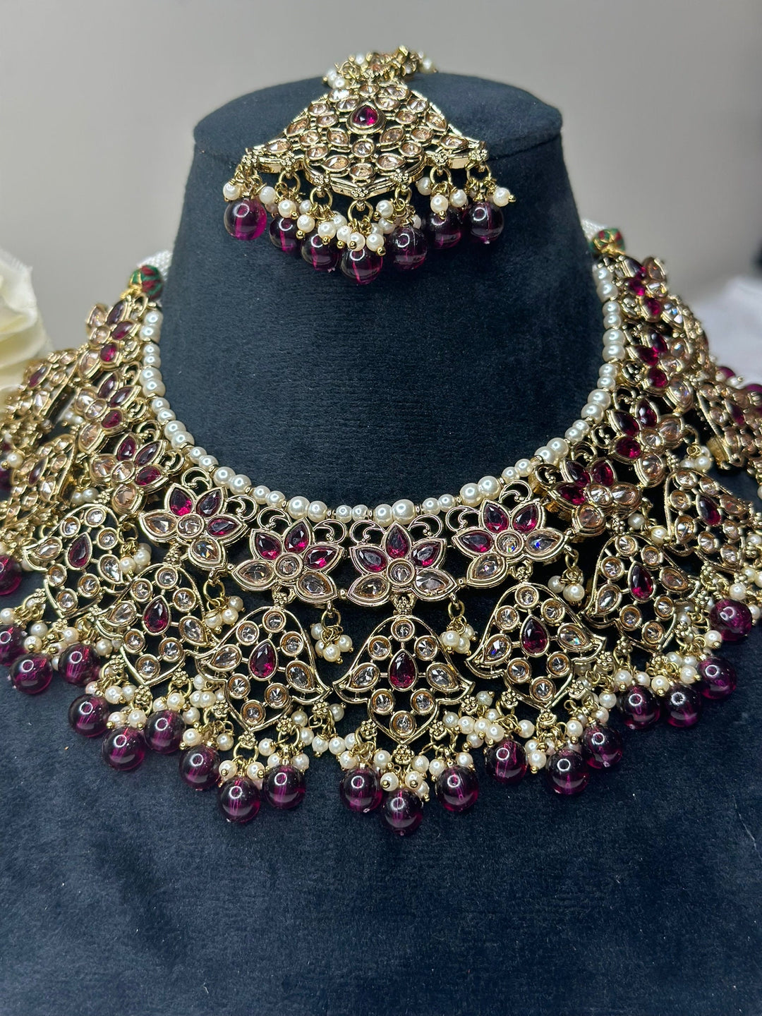 Izhaar Indian D. Purple Color Polki Reverse AD Necklace with Earrings Tikka/ Wedding Jewelry/ Traditional Jewelry/Wedding/Reverse AD.