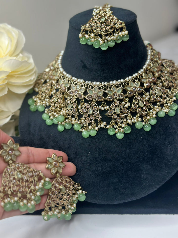 Izhaar Indian L. Green Color Polki Reverse AD Necklace with Earrings Tikka/ Wedding Jewelry/ Traditional Jewelry/Wedding/Reverse AD.