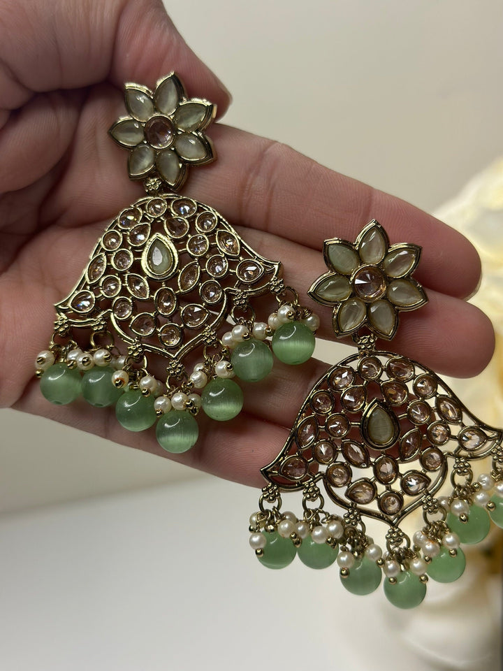 Izhaar Indian L. Green Color Polki Reverse AD Necklace with Earrings Tikka/ Wedding Jewelry/ Traditional Jewelry/Wedding/Reverse AD.