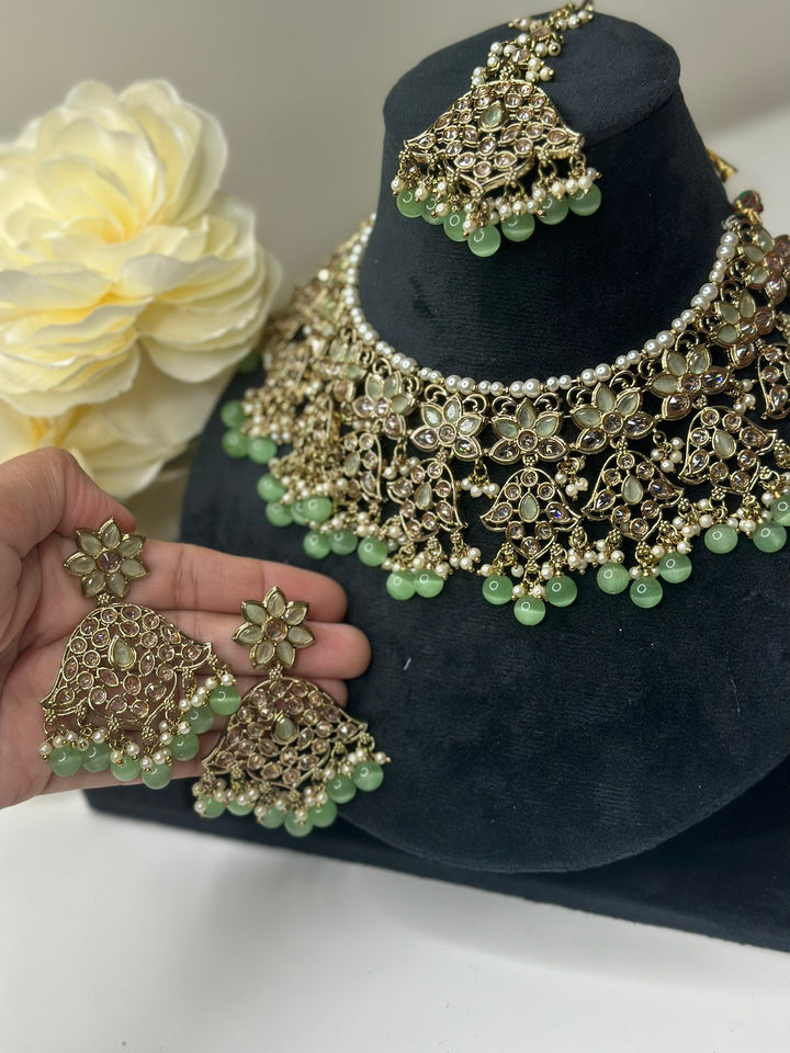 Izhaar Indian L. Green Color Polki Reverse AD Necklace with Earrings Tikka/ Wedding Jewelry/ Traditional Jewelry/Wedding/Reverse AD.
