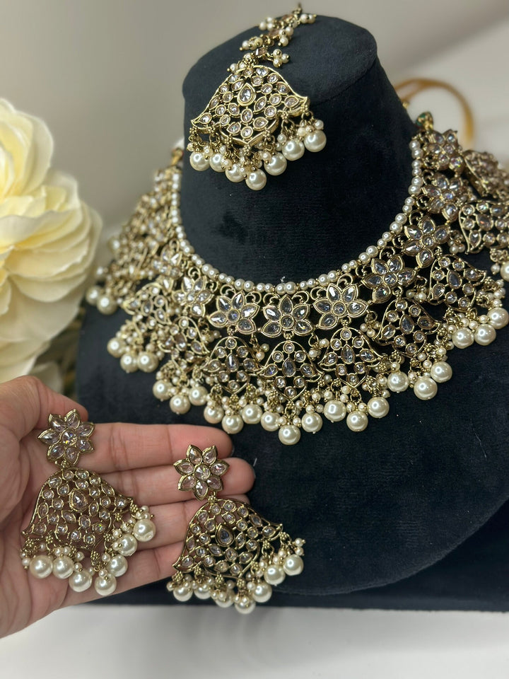 Izhaar Indian White Color Polki Reverse AD Necklace with Earrings Tikka/ Wedding Jewelry/ Traditional Jewelry/Wedding/Reverse AD.