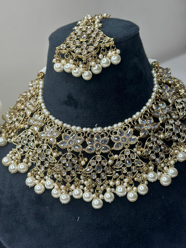 Izhaar Indian White Color Polki Reverse AD Necklace with Earrings Tikka/ Wedding Jewelry/ Traditional Jewelry/Wedding/Reverse AD.