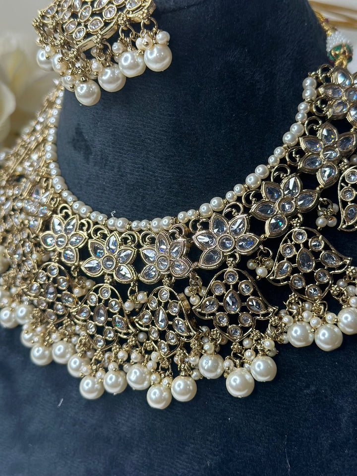 Izhaar Indian White Color Polki Reverse AD Necklace with Earrings Tikka/ Wedding Jewelry/ Traditional Jewelry/Wedding/Reverse AD.