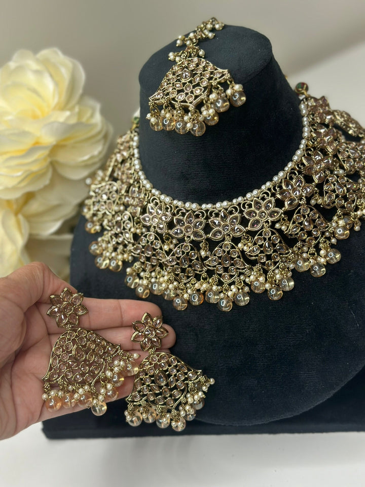Izhaar Indian Peach Color Polki Reverse AD Necklace with Earrings Tikka/ Wedding Jewelry/ Traditional Jewelry/Wedding/Reverse AD.