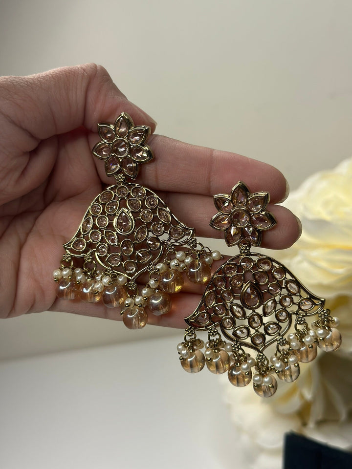 Izhaar Indian Peach Color Polki Reverse AD Necklace with Earrings Tikka/ Wedding Jewelry/ Traditional Jewelry/Wedding/Reverse AD.