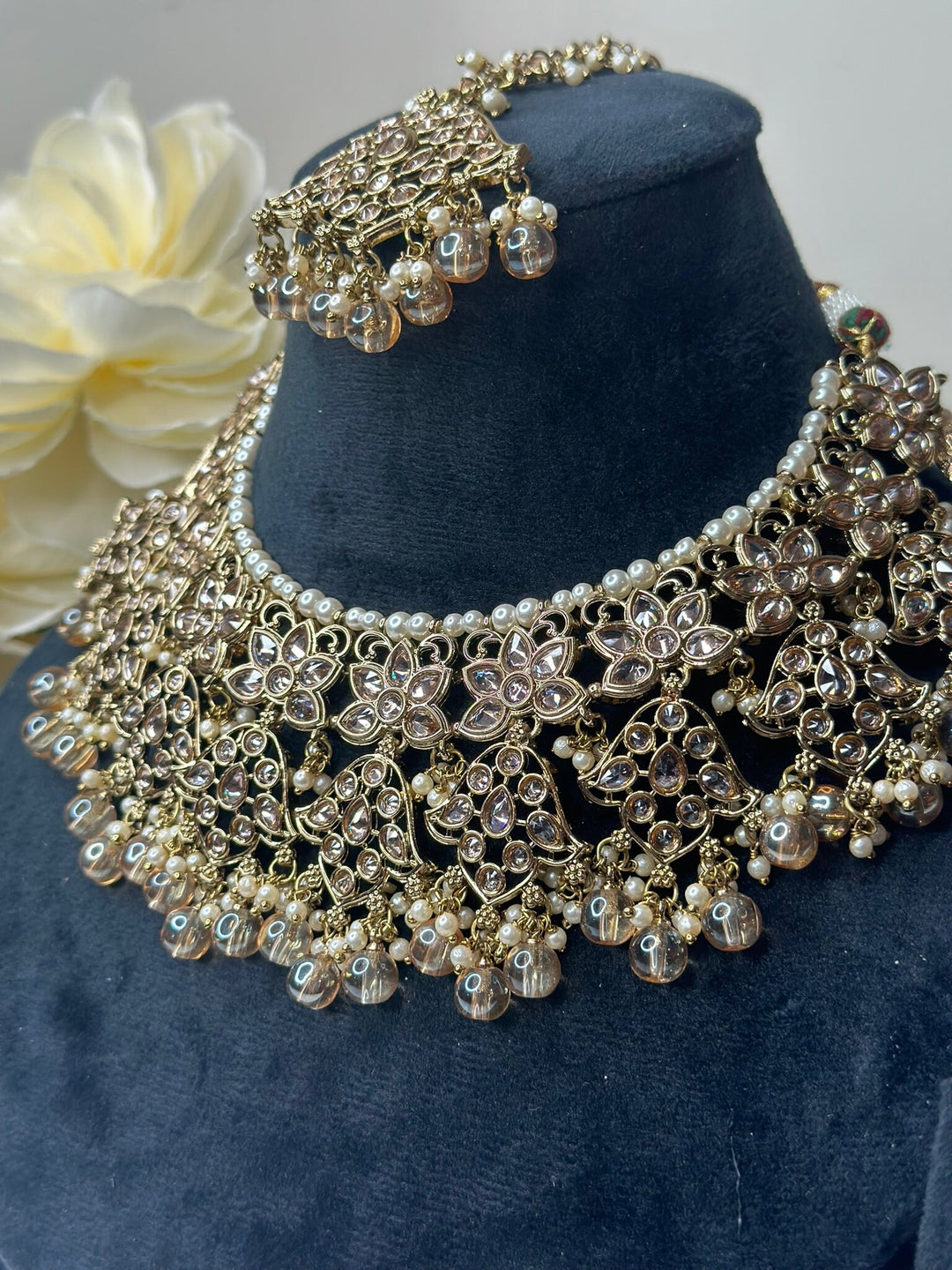 Izhaar Indian Peach Color Polki Reverse AD Necklace with Earrings Tikka/ Wedding Jewelry/ Traditional Jewelry/Wedding/Reverse AD.