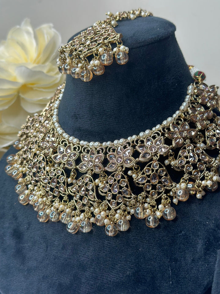 Izhaar Indian Peach Color Polki Reverse AD Necklace with Earrings Tikka/ Wedding Jewelry/ Traditional Jewelry/Wedding/Reverse AD.