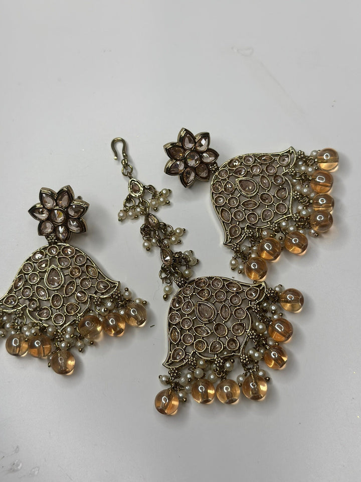 Izhaar Indian Peach Color Polki Reverse AD Necklace with Earrings Tikka/ Wedding Jewelry/ Traditional Jewelry/Wedding/Reverse AD.