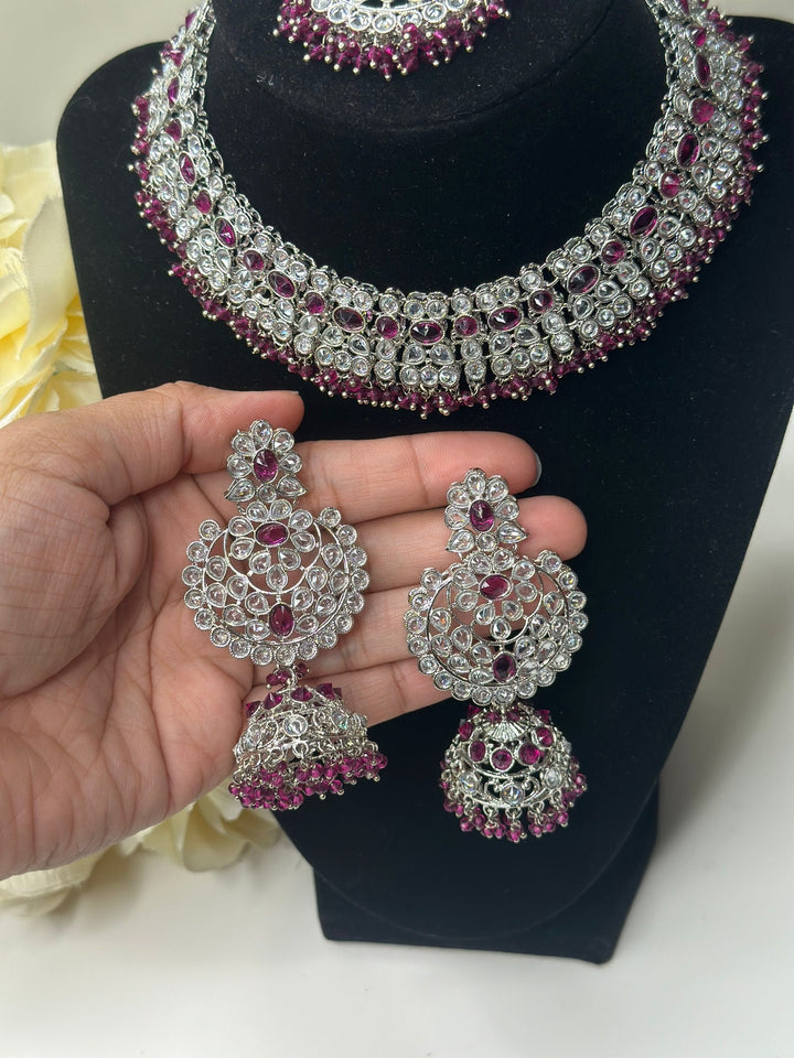 Izhaar Indian D. Pink Color Polki Reverse AD Necklace with Earrings Tikka/ Wedding Jewelry/ Traditional Jewelry/Wedding/Reverse AD.