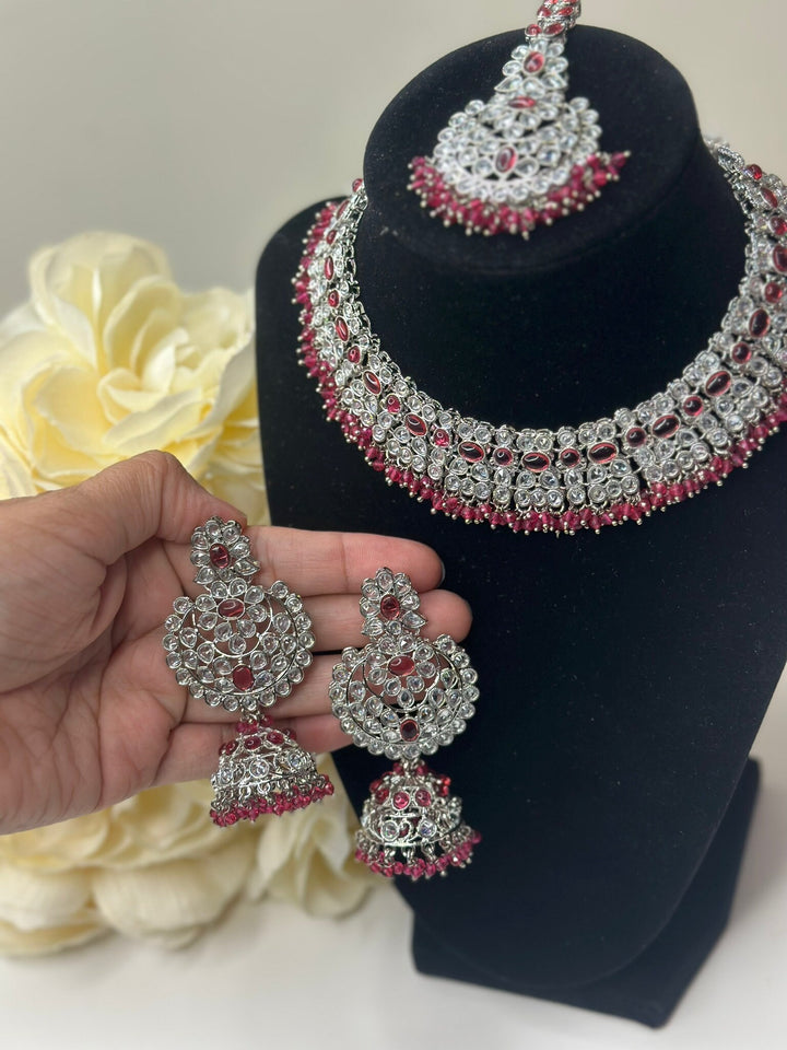 Izhaar Indian Pink Color Polki Reverse AD Necklace with Earrings Tikka/ Wedding Jewelry/ Traditional Jewelry/Wedding/Reverse AD.