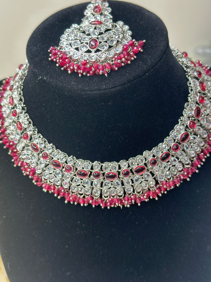 Izhaar Indian Pink Color Polki Reverse AD Necklace with Earrings Tikka/ Wedding Jewelry/ Traditional Jewelry/Wedding/Reverse AD.