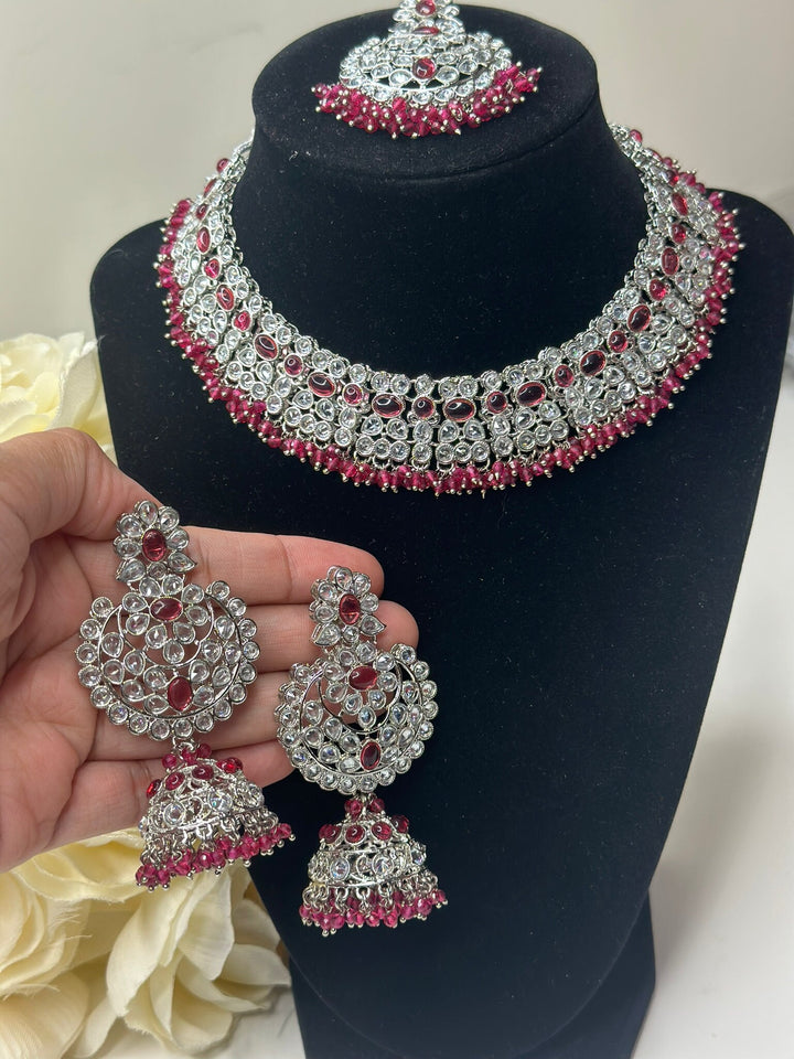 Izhaar Indian Pink Color Polki Reverse AD Necklace with Earrings Tikka/ Wedding Jewelry/ Traditional Jewelry/Wedding/Reverse AD.