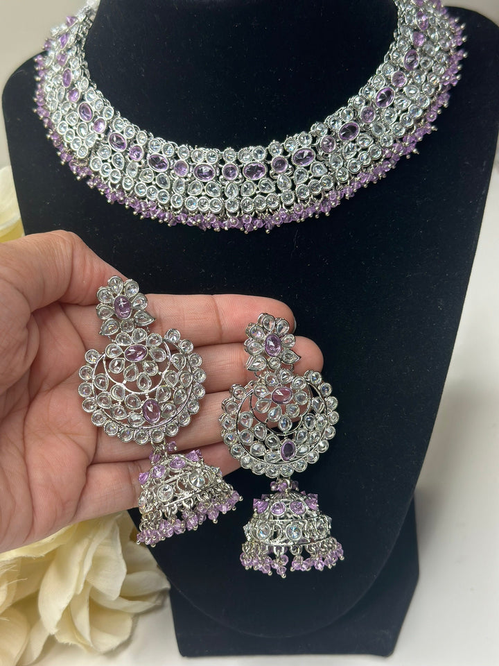 Izhaar Indian Purple Color Polki Reverse AD Necklace with Earrings Tikka/ Wedding Jewelry/ Traditional Jewelry/Wedding/Reverse AD.
