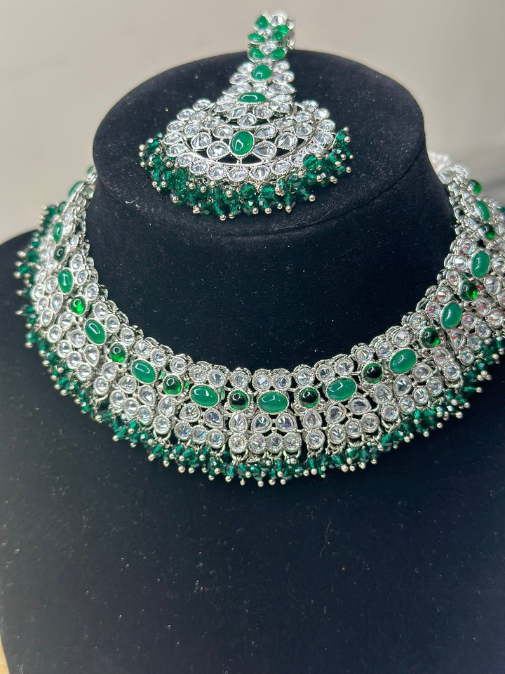 Izhaar Indian Green Color Polki Reverse AD Necklace with Earrings Tikka/ Wedding Jewelry/ Traditional Jewelry/Wedding/Reverse AD.