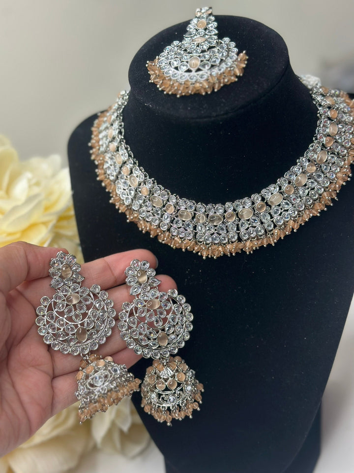 Izhaar Indian Peach Color Polki Reverse AD Necklace with Earrings Tikka/ Wedding Jewelry/ Traditional Jewelry/Wedding/Reverse AD.