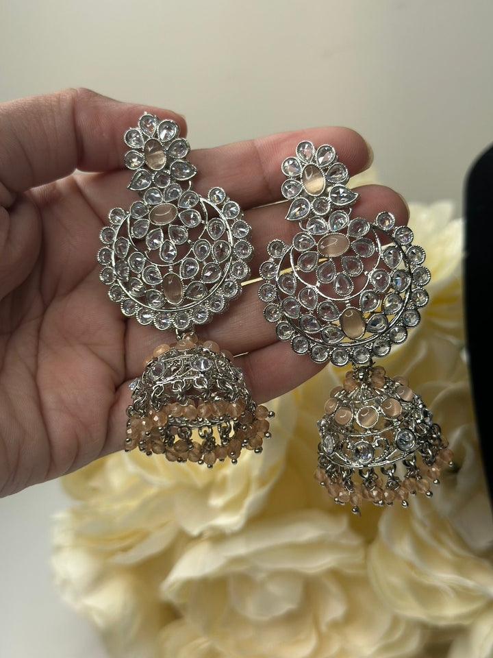 Izhaar Indian Peach Color Polki Reverse AD Necklace with Earrings Tikka/ Wedding Jewelry/ Traditional Jewelry/Wedding/Reverse AD.