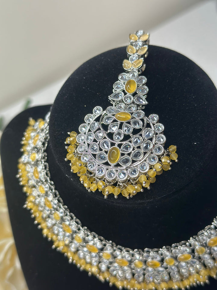Izhaar Indian Yellow Color Polki Reverse AD Necklace with Earrings Tikka/ Wedding Jewelry/ Traditional Jewelry/Wedding/Reverse AD.