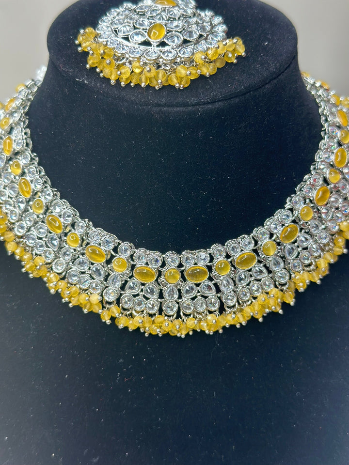 Izhaar Indian Yellow Color Polki Reverse AD Necklace with Earrings Tikka/ Wedding Jewelry/ Traditional Jewelry/Wedding/Reverse AD.