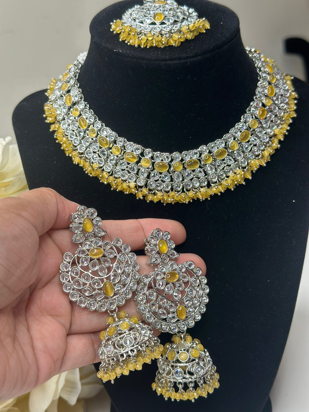 Izhaar Indian Yellow Color Polki Reverse AD Necklace with Earrings Tikka/ Wedding Jewelry/ Traditional Jewelry/Wedding/Reverse AD.