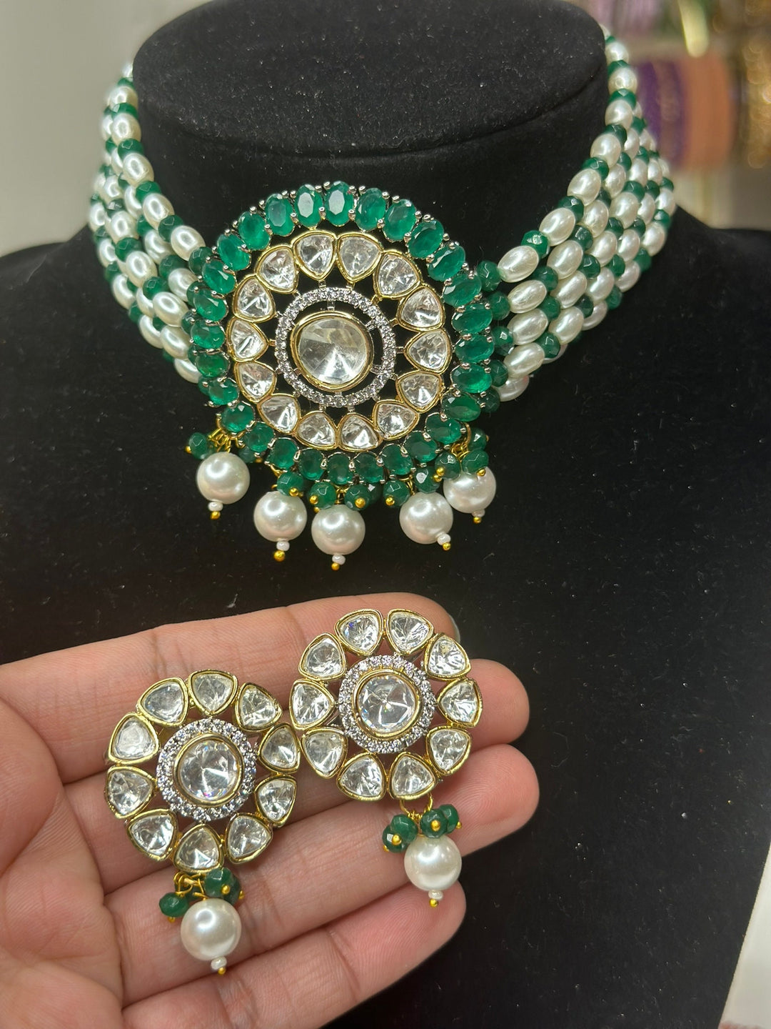 Izhaar American Diamond AD Premium necklace Set/ Choker Necklace Earring Set Ethnic/Asian Wedding Jewelry.