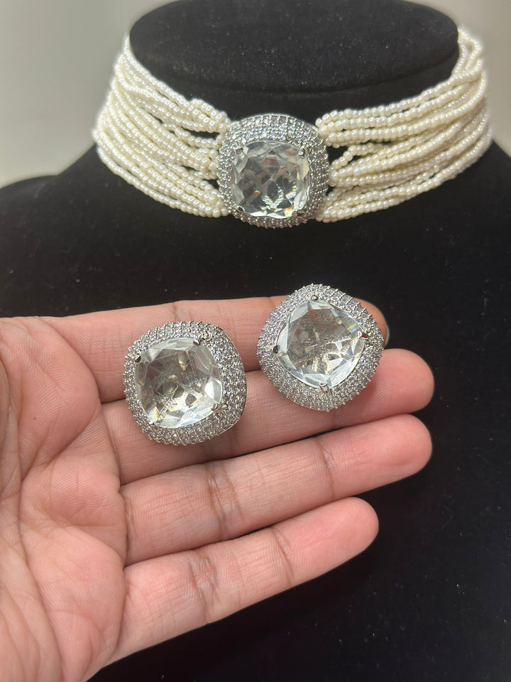 Izhaar American Diamond AD Premium necklace Set/ Choker Necklace Earring Set Ethnic/Asian Wedding Jewelry.