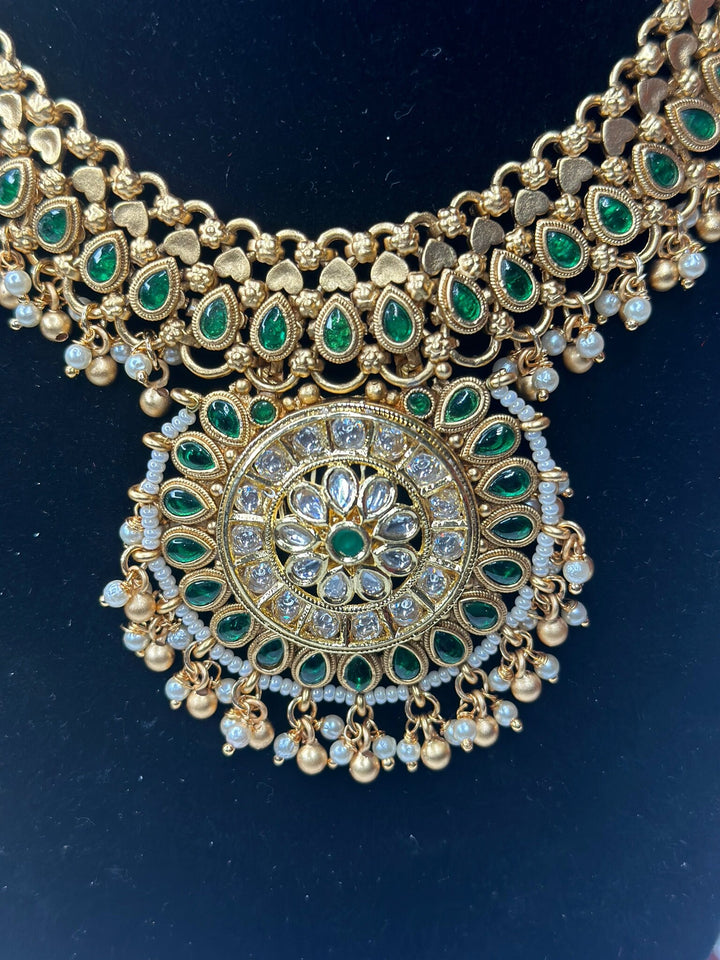 Indian Green Color Gold Kundan Jewelry Set Bollywood Necklace Earring Set Ethnic Gold Plated Indian Wedding Jewelry Necklace Set