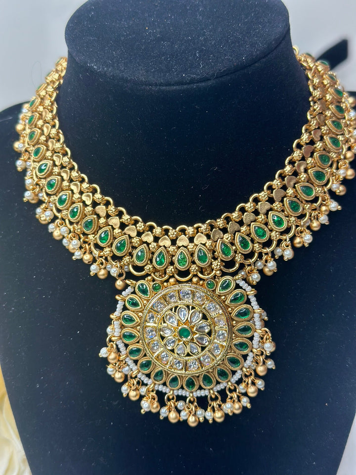 Indian Green Color Gold Kundan Jewelry Set Bollywood Necklace Earring Set Ethnic Gold Plated Indian Wedding Jewelry Necklace Set